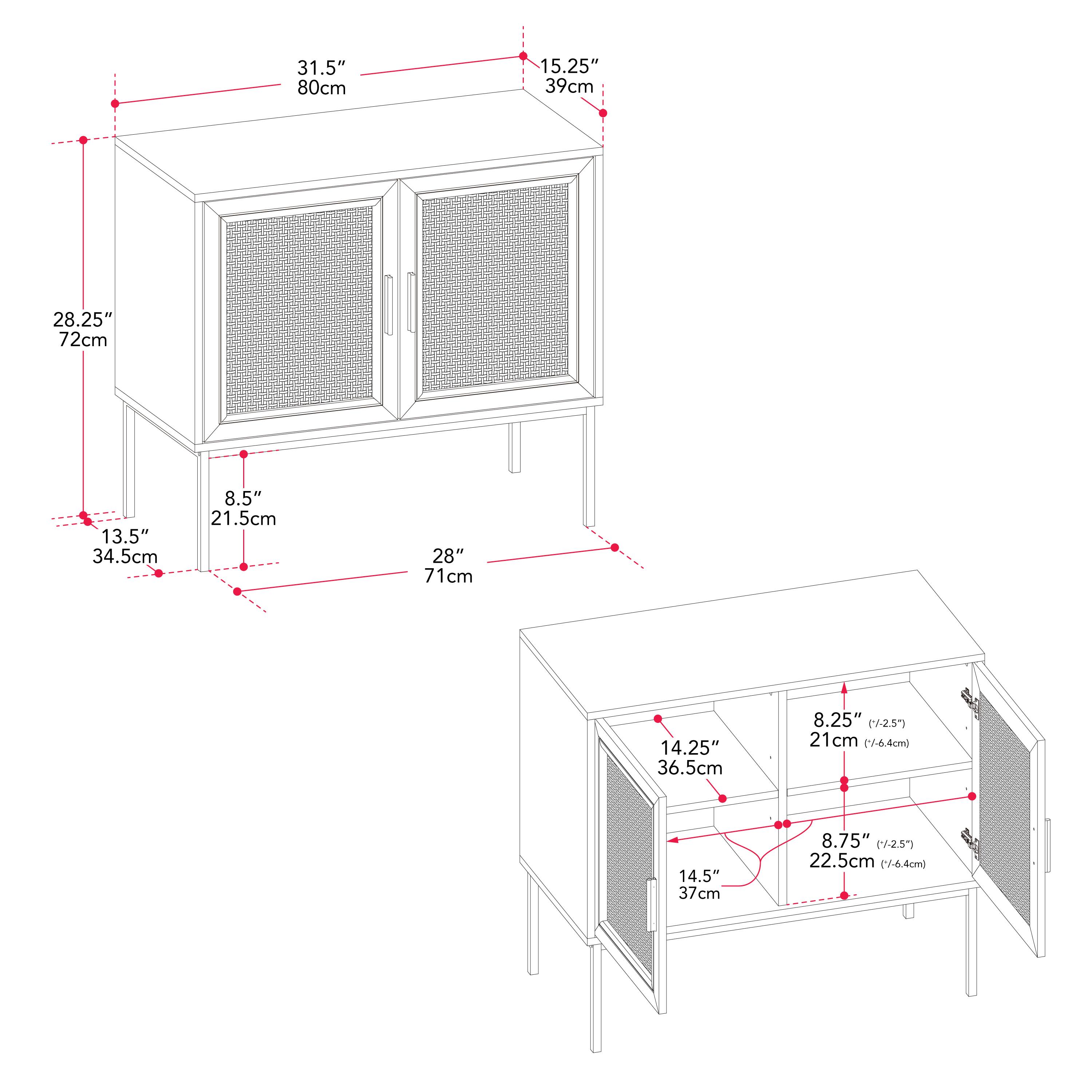 The image shows a white cabinet with a red line drawn on it, indicating the measurements. The cabinet is 31.5 inches (80 cm) tall, 15.25 inches (39 cm) wide, and 28.25 inches (72 cm) deep. The measurements are also provided in centimeters and millimeters. The cabinet is designed to be 14.25 inches (36.5 cm) tall, 8.25 inches (21.5 cm) wide, and 8.5 inches (21.5 cm) deep. The measurements are also provided in centimeters and millimeters.