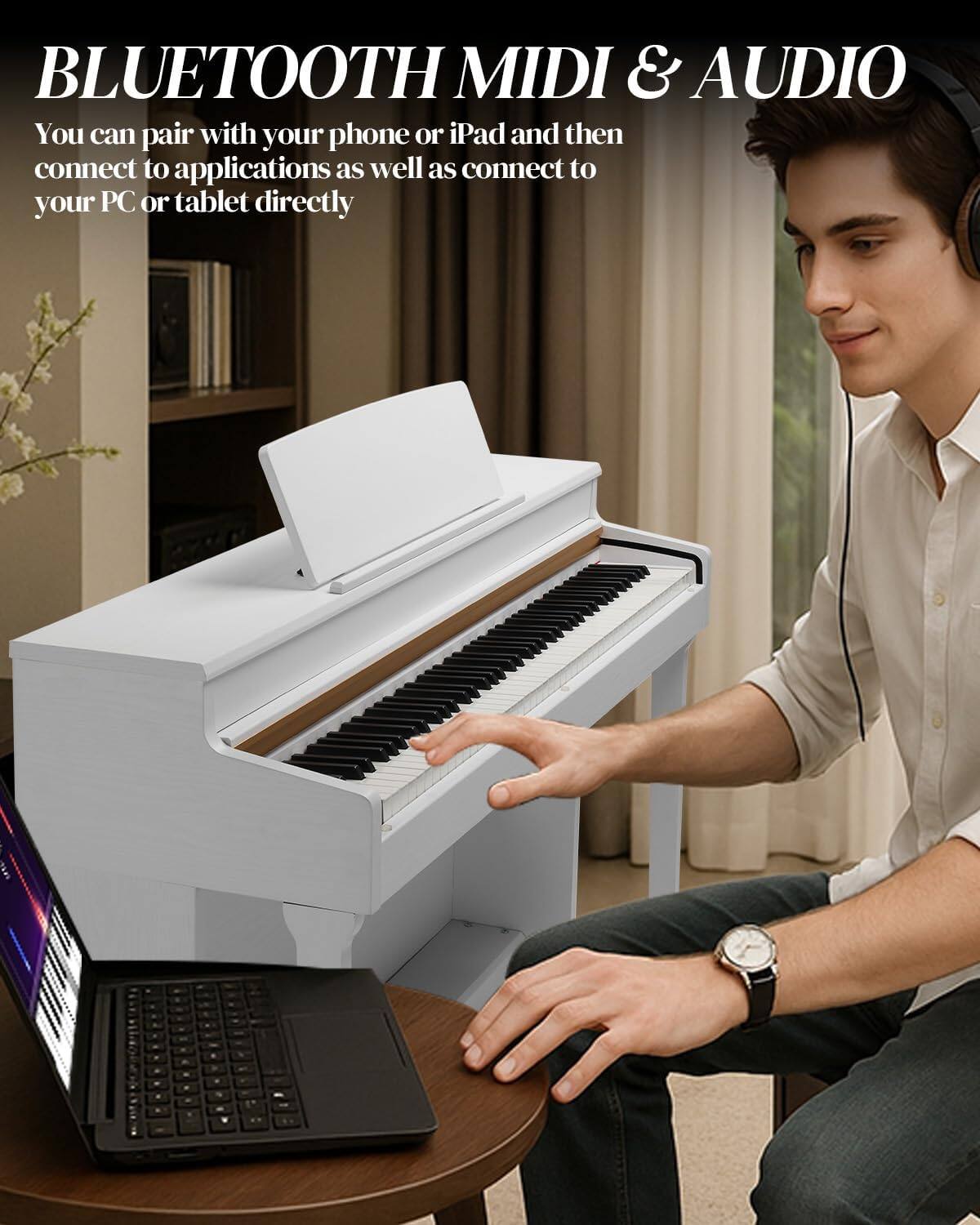 BLUETOOTH MIDI & AUDIO  
You can pair with your phone or iPad and then connect to applications as well as connect to your PC or tablet directly