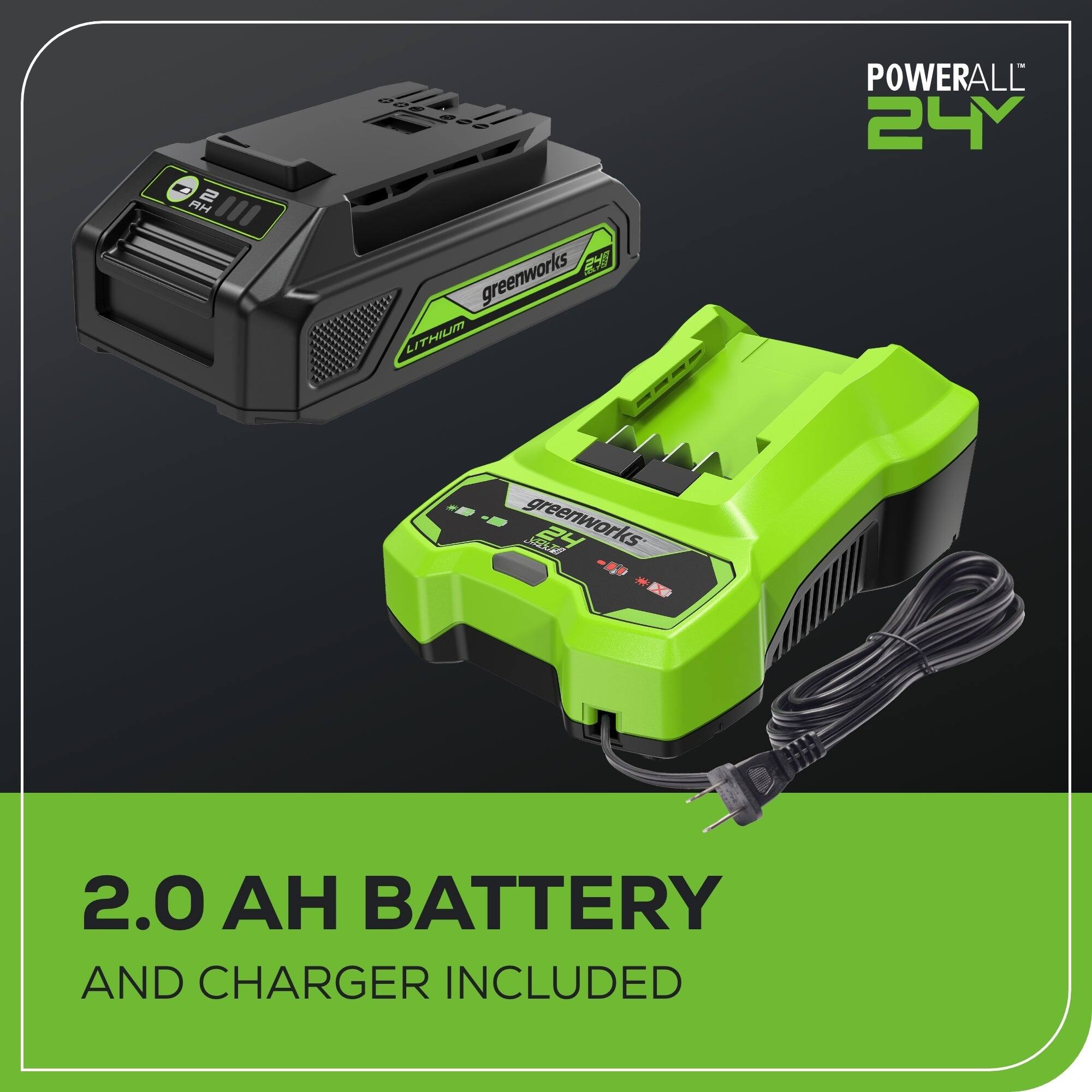 2 RH 007022 000 220 RGU S greenworks LITHIUM ME-E POWERALL 24V greenworks ME B4-E 2.0 BATTERY AND CHARGER INCLUDED