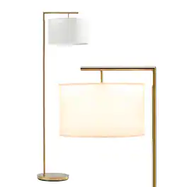 Brightech - Montage Modern LED Midcentury Modern Arc Super Bright Floor Lamp with Ivory White Fabric Drum Shade - Antiqued Brass