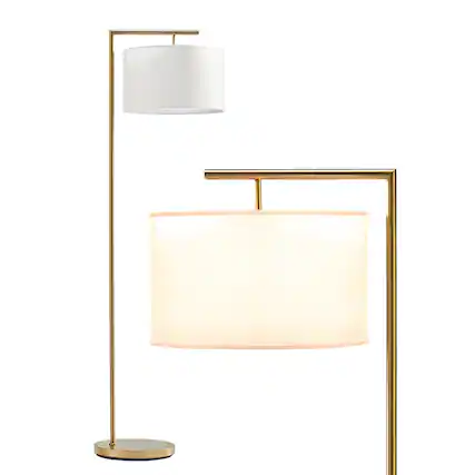 Front. Brightech - Montage Modern LED Midcentury Modern Arc Super Bright Floor Lamp with Ivory White Fabric Drum Shade - Antiqued Brass.