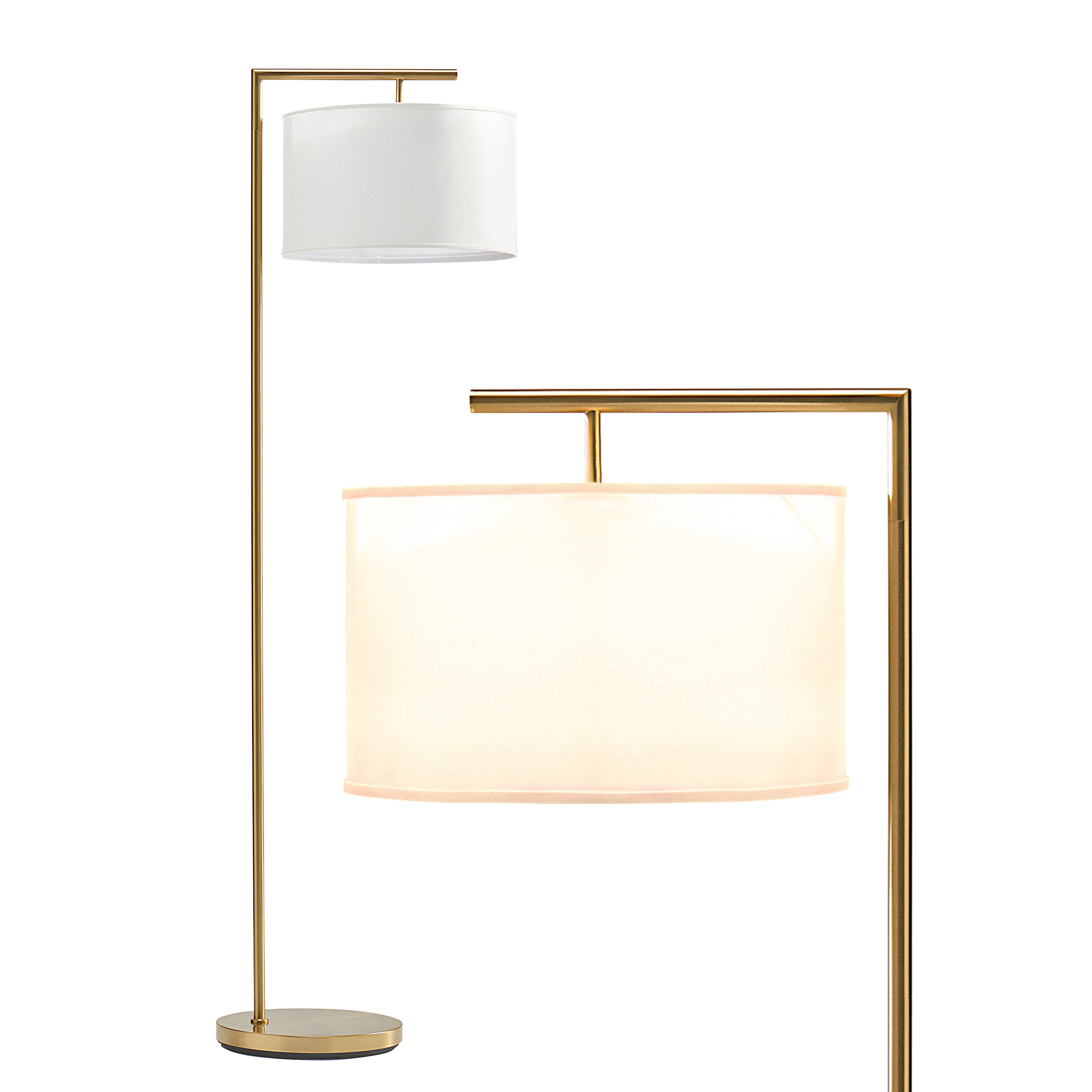 Front. Brightech - Montage Modern LED Midcentury Modern Arc Super Bright Floor Lamp with Ivory White Fabric Drum Shade - Antiqued Brass.