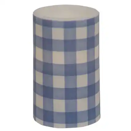 Front. BreeBe - Blue & White Gingham Check Timer Pillar 3"x5" - Blue & White.