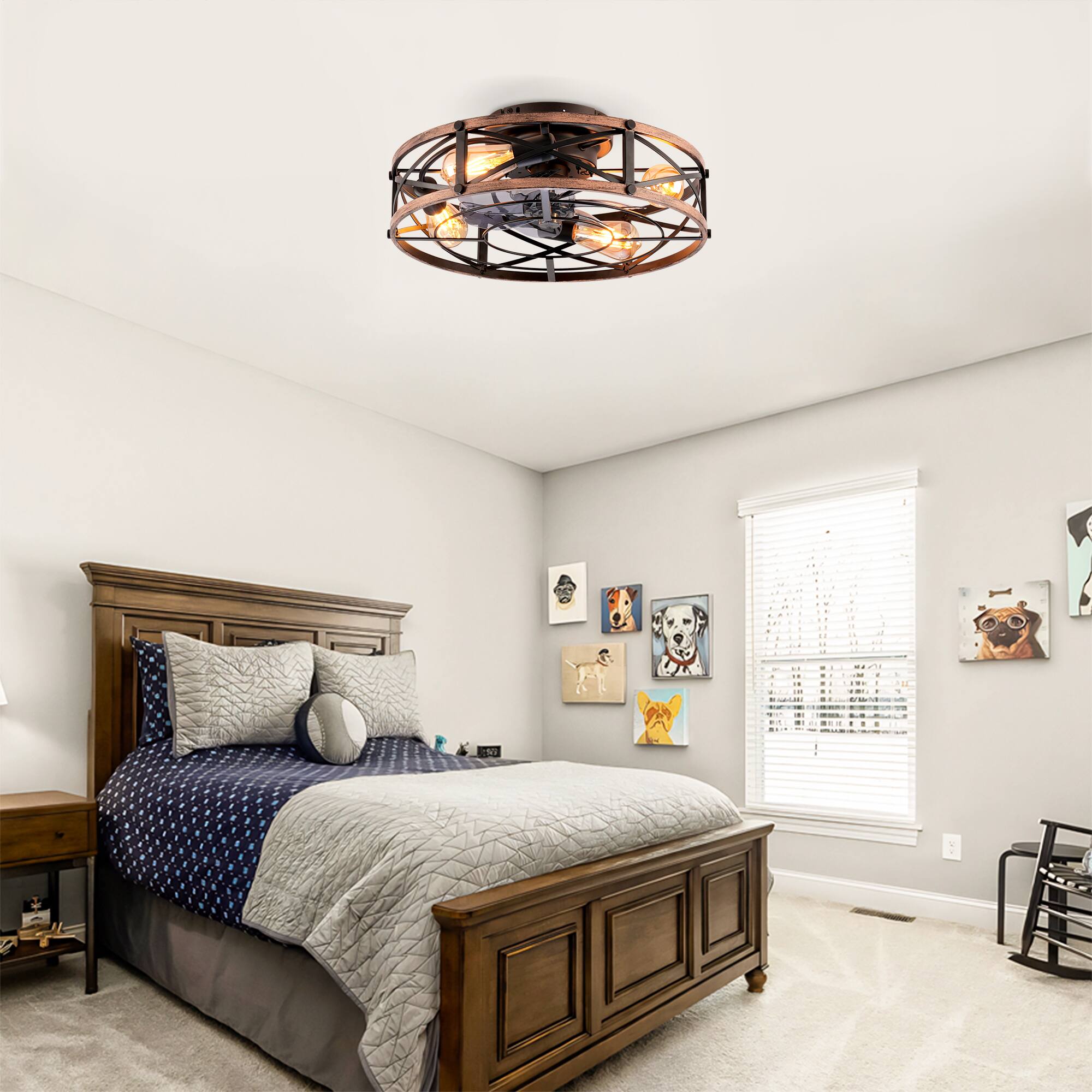 Alt View 6. Sofucor - Farmhouse Ceiling Fans w/ Light Remote Flush Mount Rustic Ceiling Fan Boho Bladeless Country Caged Ceiling Light Fixture - Light Gold.