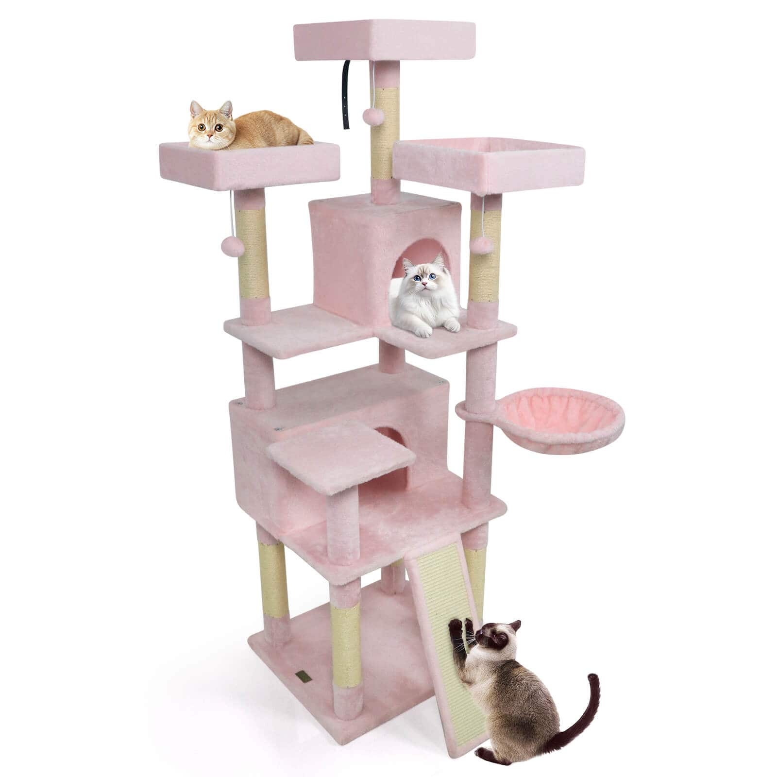 Costway - 65" Tall Multi-level Cat Tree with 3 Upholstered Top Perch 2 Cat Condos Cat Basket