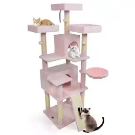 Costway - 65" Tall Multi-level Cat Tree with 3 Upholstered Top Perch 2 Cat Condos Cat Basket