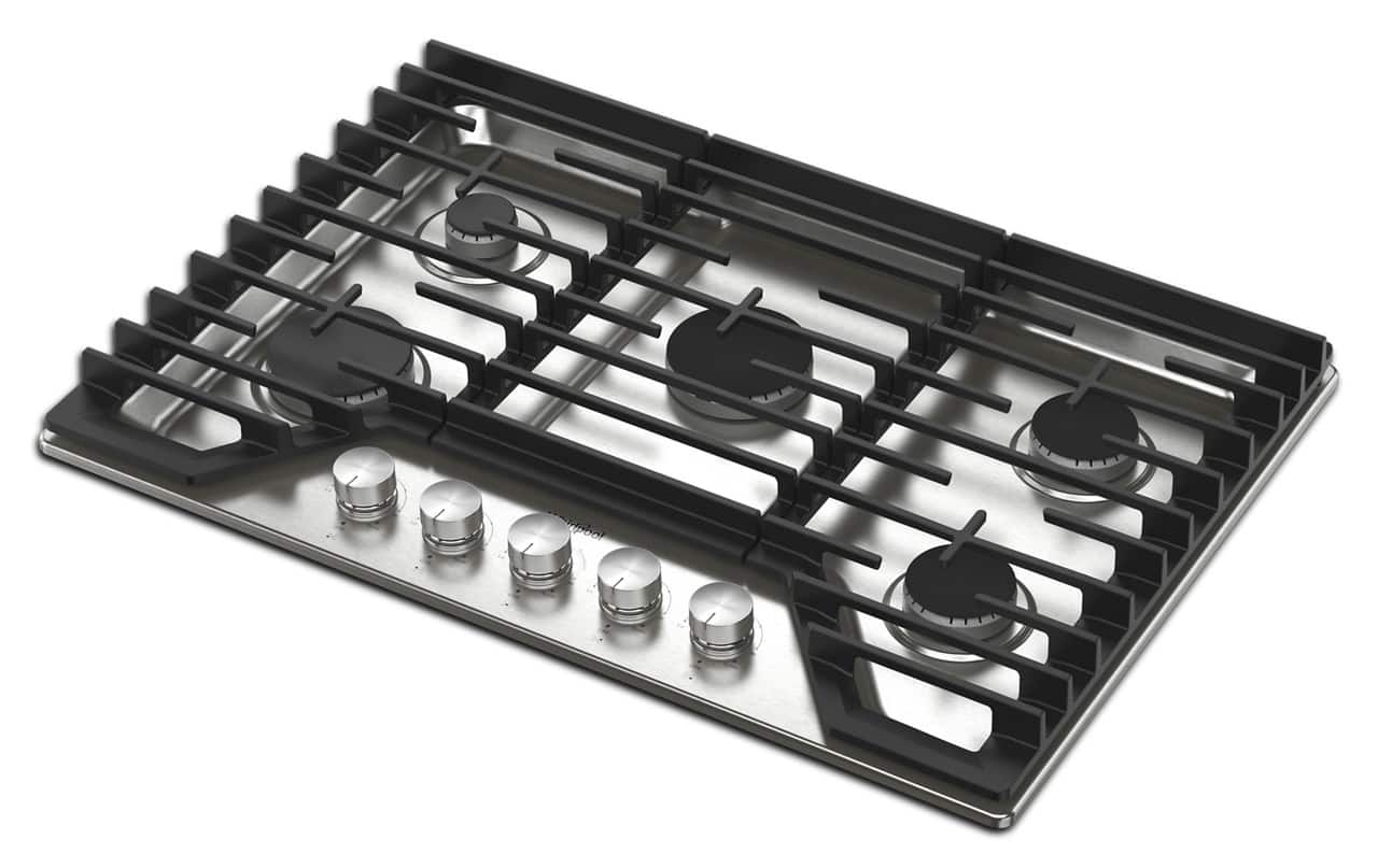 Left. Whirlpool - 30" Built-In Gas Cooktop with 5 Burners and EZ-2-Lift Hinged Cast-Iron Grates - Stainless Steel.