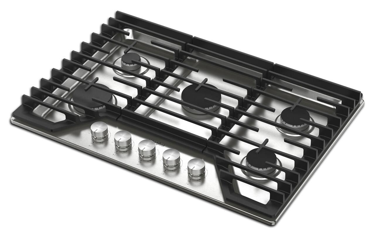 Left. Whirlpool - 30" Built-In Gas Cooktop with 5 Burners and EZ-2-Lift Hinged Cast-Iron Grates - Stainless Steel.
