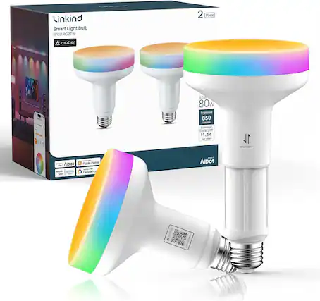 Linkind Smart Light Bulb BR30 RGBTW 2 Pack
- 9.5W
- 80W Brightness
- 850 lumens
- Estimated Energy Cost: $1.14 per year
- Stretchable
- Works with: Alexa, Apple Home, Google Home, AiDot
- Matter CO7