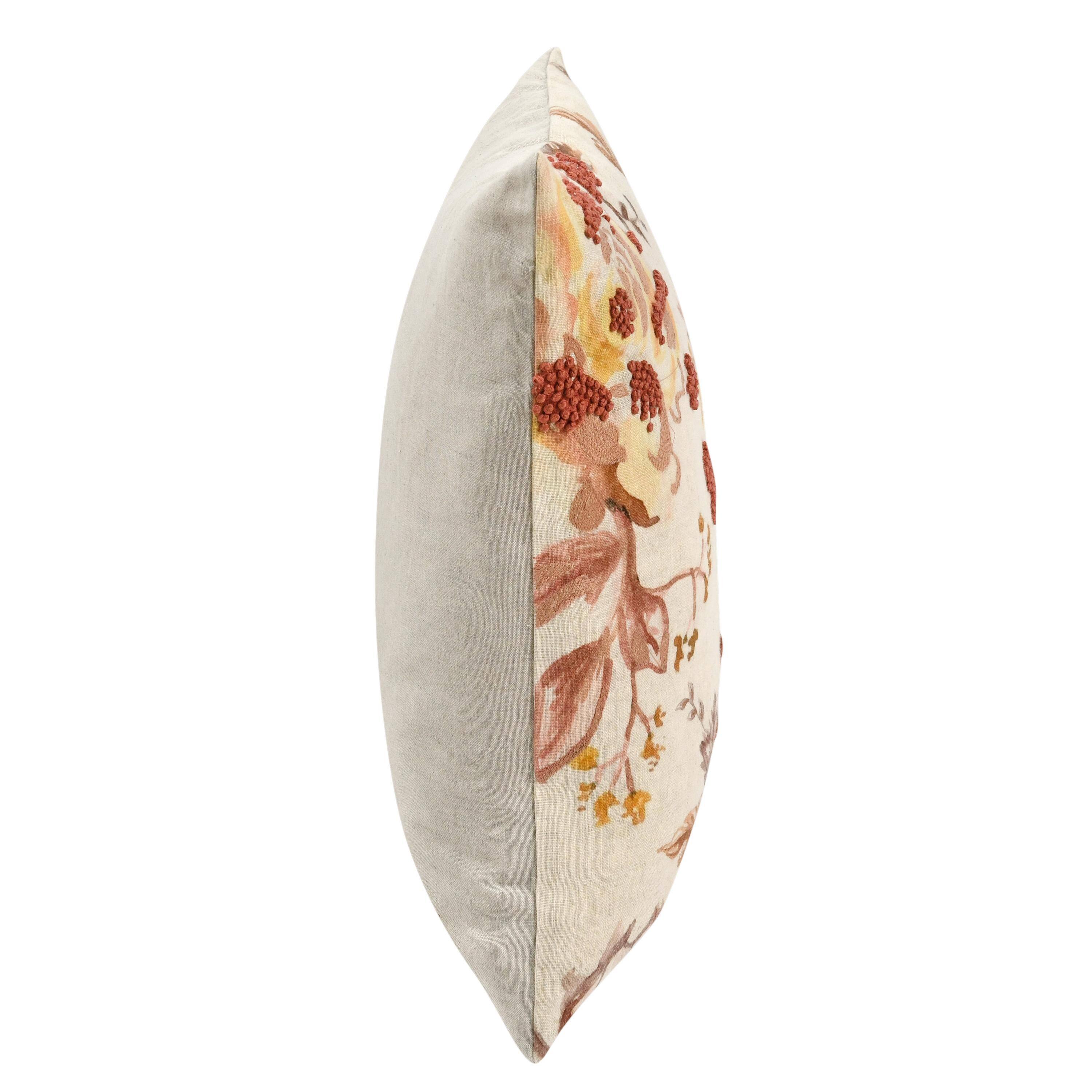 Left. Manhattan Lane - Square Accent Throw Pillow, 20 Inch, Hand Applied Floral Accents - Cream, Clay Brown.