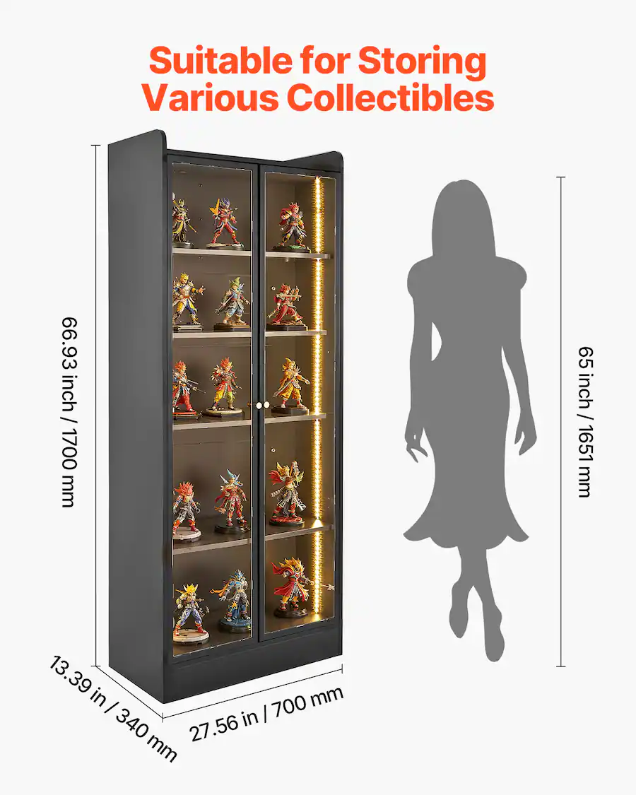 Service Value Display VEVOR Display Cabinet with Doors, 67 in Tall Lighted Display Case with ...