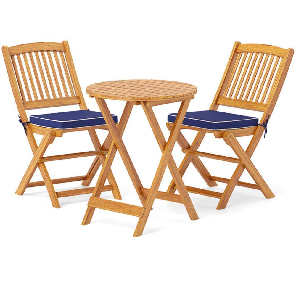 Left. Kadyn - Patio Furniture Sets,Outdoor & Patio Furniture Sets,3 Pcs Acacia Wood Patio Folding Bistro Set with Soft Cushions-Navy - Blue.