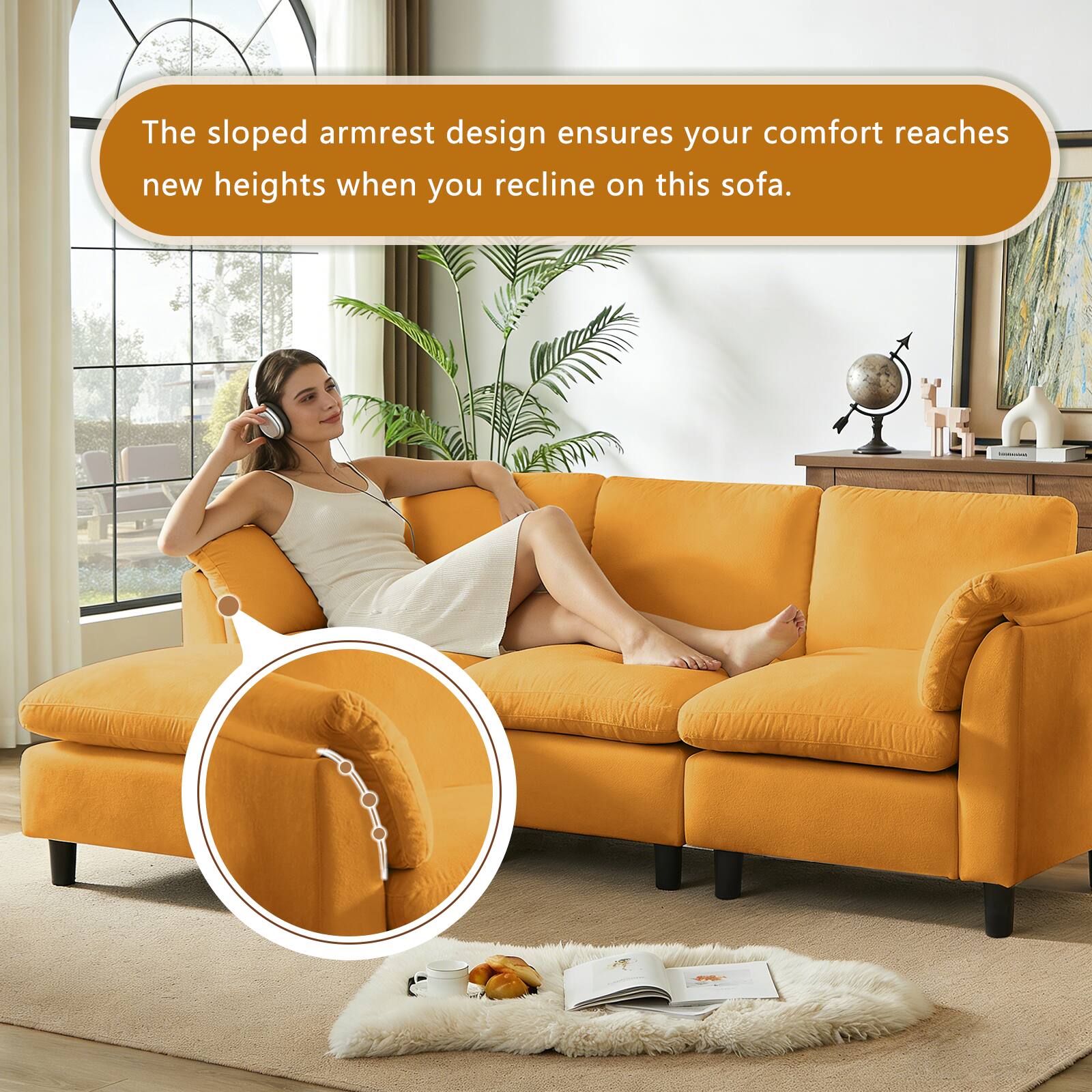 The sloped armrest design ensures your comfort reaches new heights when you recline on this sofa.