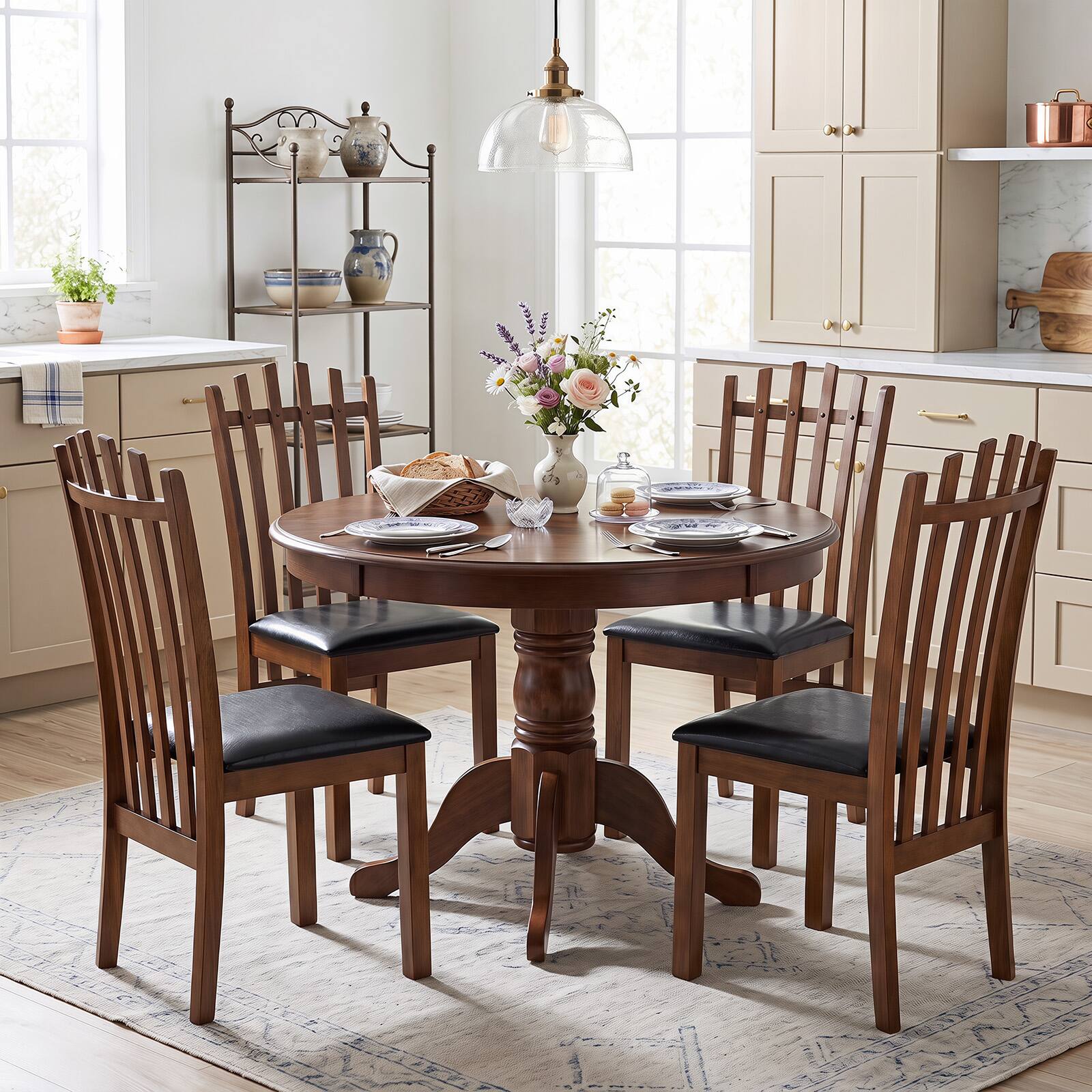 Alt View 5. Costway - Costway Wooden Dining Chair Set of 2, Windsor Kitchen Chairs with Spindle Back & PU Leather - Walnut+Black.