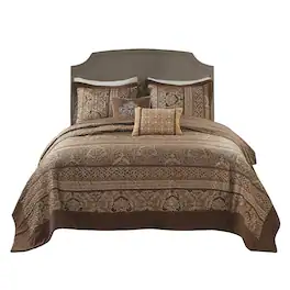 Gracie Mills - Bruce 5-Piece Reversible Jacquard Bedspread Set - Brown/Gold