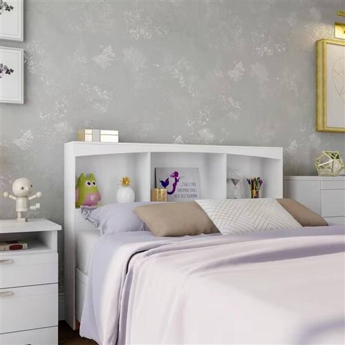 Angle. SlickBlue - Full Size White Wood Bookcase Headboard, Modern Farmhouse Style - White.