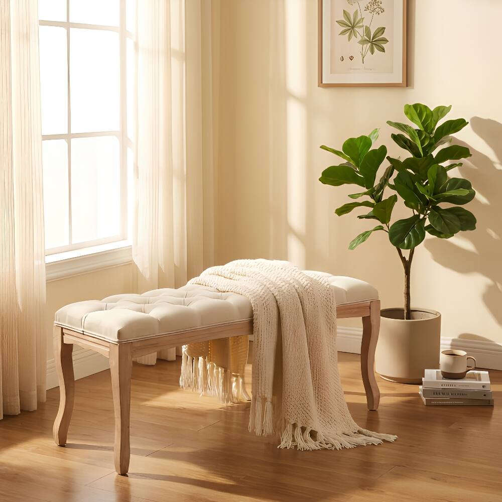 Front. Ropilly - Ropilly French Vintage Tufted Bedroom Bench, Upholstered Entryway End of Bed Ottoman Seat with Wood Legs, Beige - Beige.