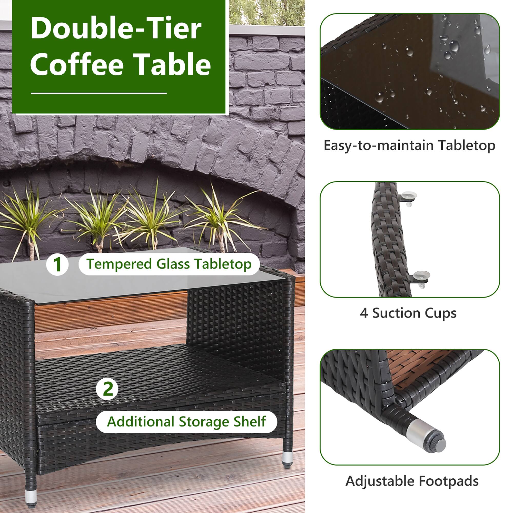 Double-Tier Coffee Table

1. Tempered Glass Tabletop
2. Additional Storage Shelf
3. Easy-to-maintain Tabletop
4. 4 Suction Cups
5. Adjustable Footpads