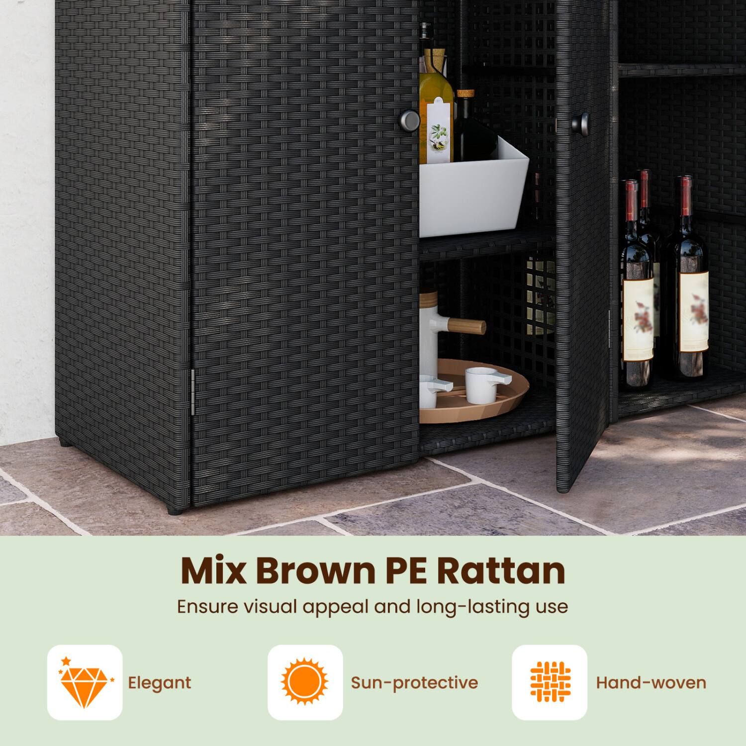Mix Brown PE Rattan  
Ensure visual appeal and long-lasting use

- Elegant
- Sun-protective
- Hand-woven