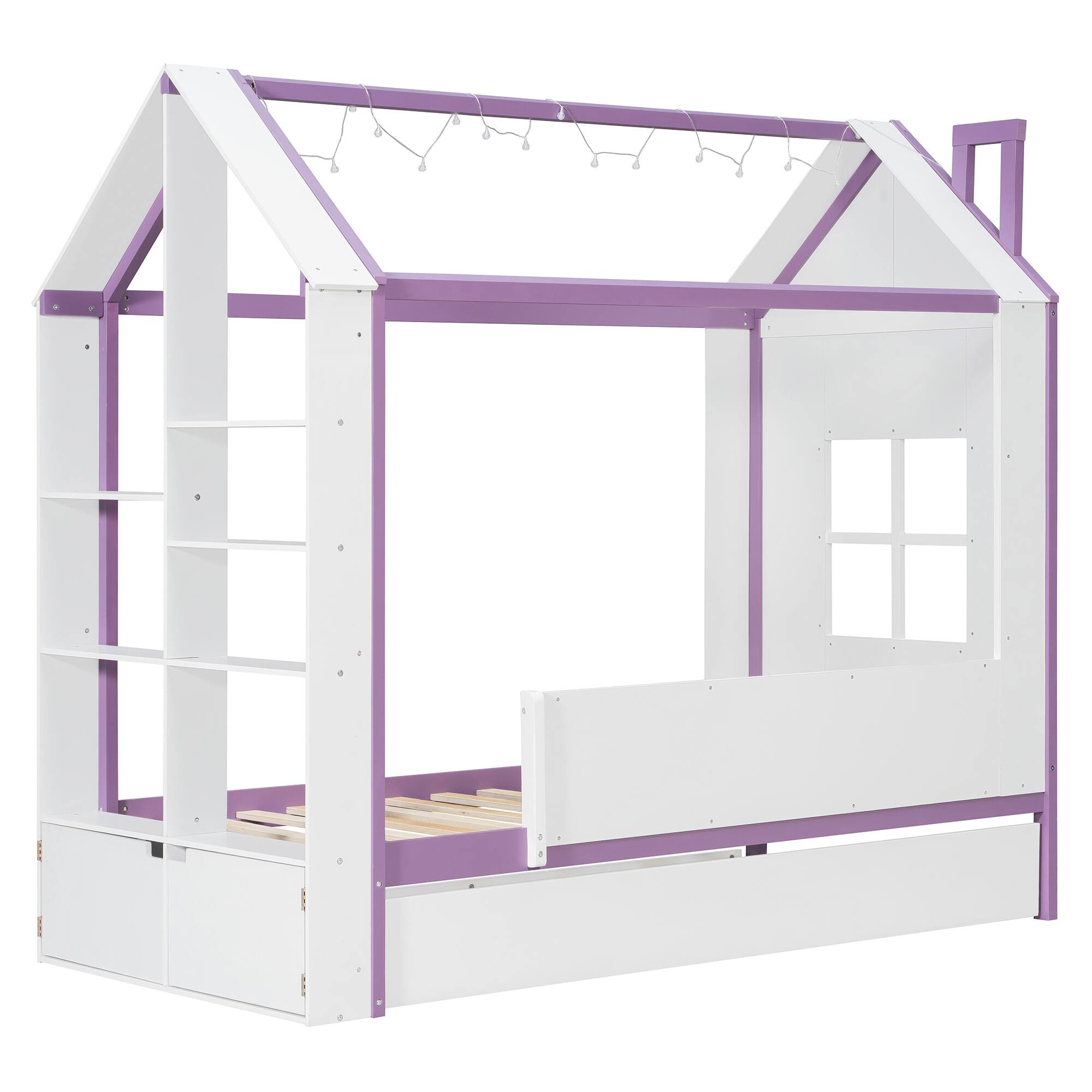 Back. Anysun - Twin Size House Bed Frame with Pull-Out Trundle, Tail End Storage Shelves and Cool White LED Lights - Purple.