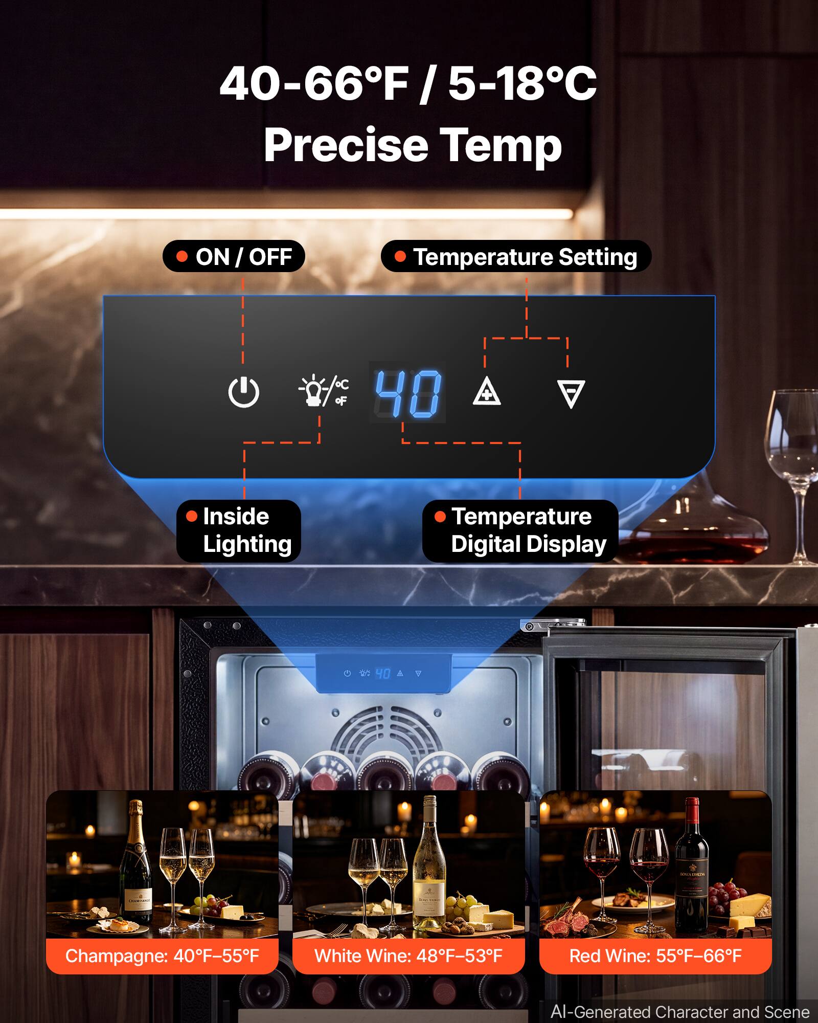 40-66°F / 5-18°C Precise Temp

ON / OFF
Temperature Setting

Inside Lighting
Temperature Digital Display

Champagne: 40°F-55°F
White Wine: 48°F-53°F
Red Wine: 55°F-66°F

AI-Generated Character and Scene