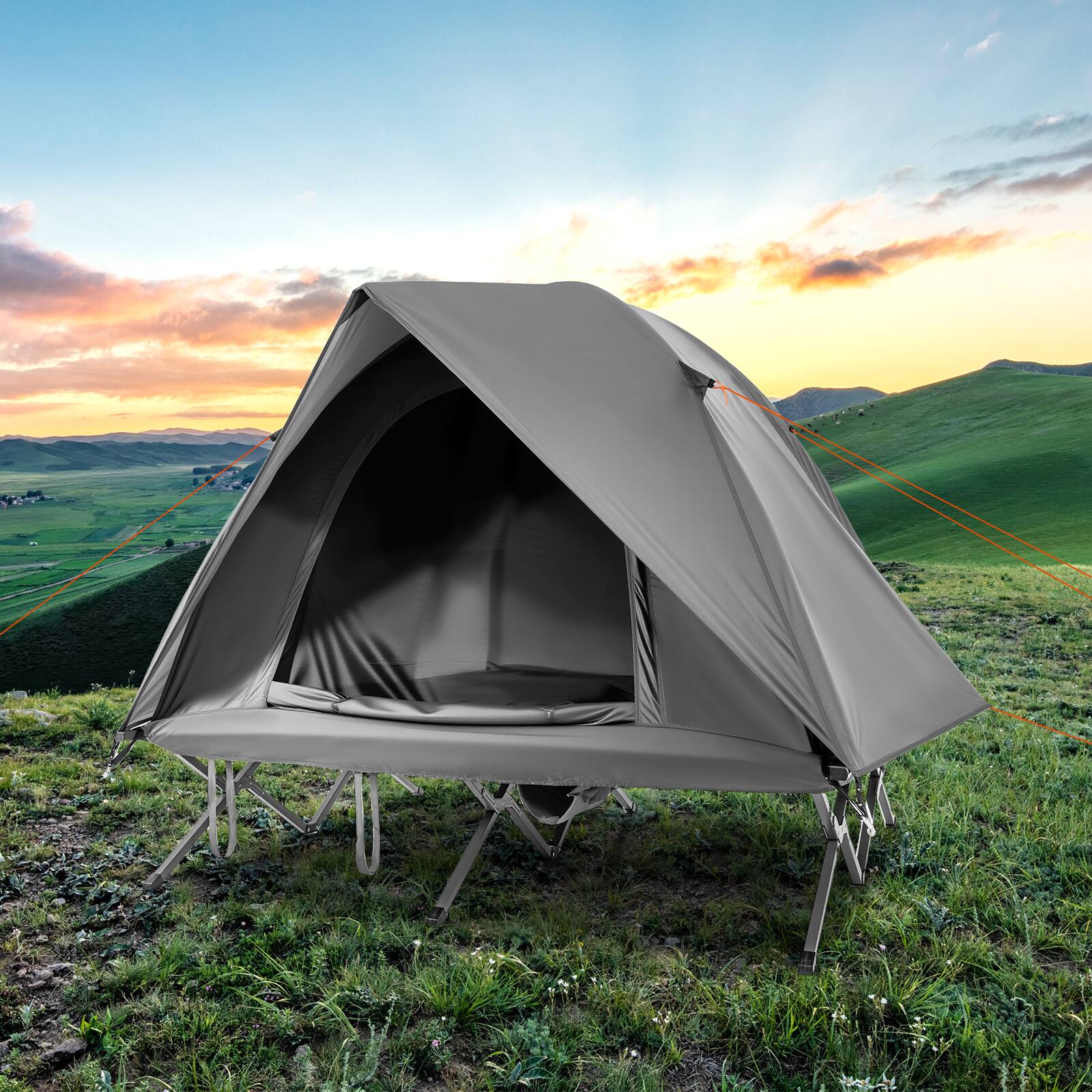 Alt View 1. Gymax - Gymax 2-Person Camping Cot Combo Off-Ground Travel Cot Tent w/Pop-up Tent Shelter - Gray.