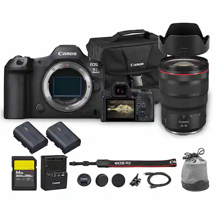 Canon EOS R5 Mark II
Canon EF 24-70mm f/2.8L IS USM
Canon 64GB V90 SDXC UHS-II Memory Card
Canon LP-E6N Battery
Canon Battery Charger
Canon Camera Bag
Canon Lens Hood
Canon Lens Cap
Canon Camera Strap
Canon Remote Control
Canon USB Cable
Canon Lens Cleaning Kit