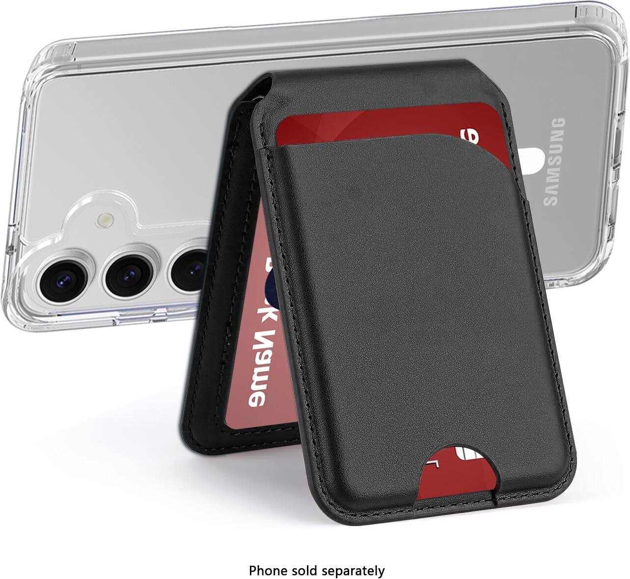The image features a Samsung phone case and a Samsung phone. The phone case is black and has a red card in it. The phone is placed next to the case, and the case is sitting on top of the phone. The text on the image reads, "Phone sold separately."