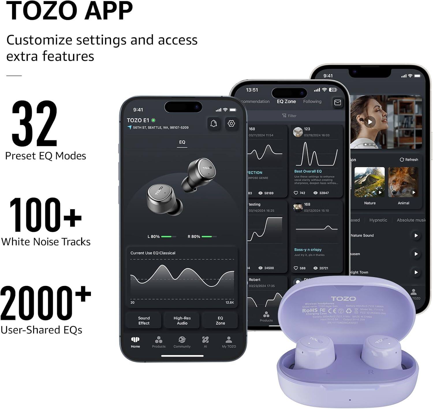 TOZO APP Customize settings and access extra features
32 Preset EQ Modes
100+ White Noise Tracks
2000+ User-Shared EQs

TOZO E1 50TH ST, SEATTLE, WA, 08107-8200
EQ Zone
Following
Filter
168
123
03/11/2024 11:64
03/0/2024 1:03
FECTION
Best Overall EQ
Use these settings to enhance sharpness, deep bass without.
Use these settings to enhance sharpness, deep bass without.
S889
342
SIOAT
testing
16
03/4/2024
03/13/2024
38:30
Bass-y
crispy
AM
iy
Maks
l.
on
Refresh
Nature
Animal
kxed
Hypnotic
Absolute
musik
Nature Sound
asen
20
Sesaned
Efflect
High-Res
Audio
12.8K
EQ Zone
4
24000
RobH
02/23/2024
12:95
Products
SEN
20721
Night Town
TOZO
ROHS
FC
reO
- MADE
TREN
TOZO
Home
Products
Community
My
1OZ0