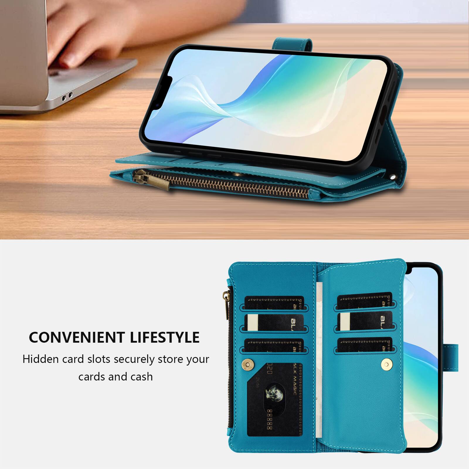 CONVENIENT LIFESTYLE  
Hidden card slots securely store your cards and cash  
050 X 88888  
MAGIC