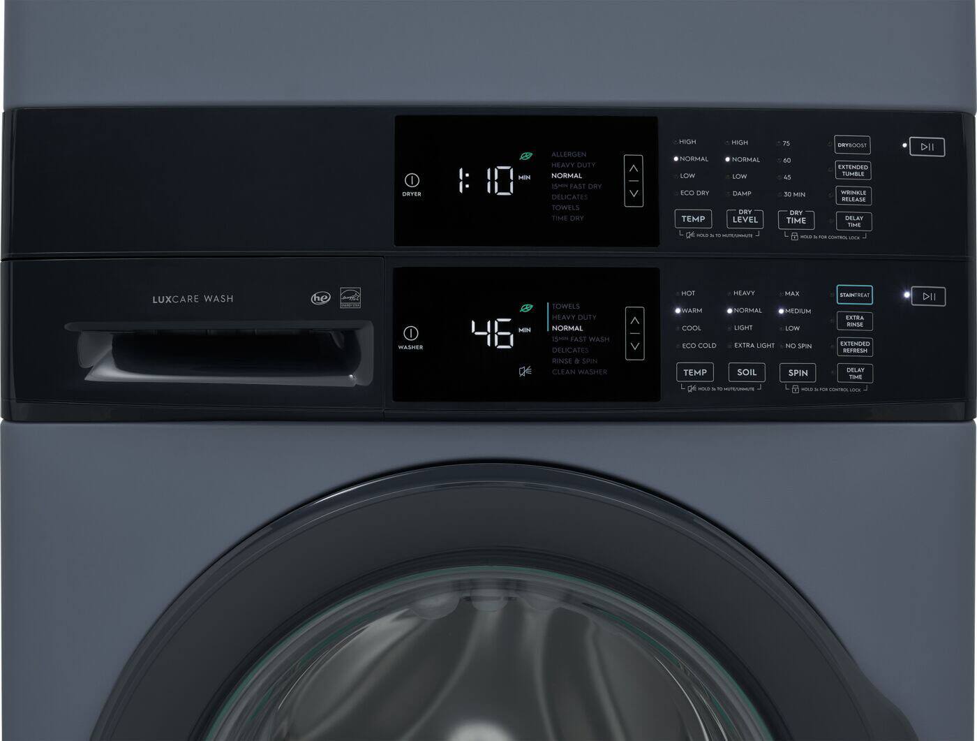 Sure, here is the corrected and grouped text from the image:

**Dryer:**
- ALLERGEN
- HEAVY DUTY
- NORMAL
- FAST DRY
- DELICATES
- TOWELS
- TIME DRY
- HIGH
- HIGH
- NORMAL
- NORMAL
- LOW
- ECO DRY
- DAMP
- DRY TEMP LEVEL
- DEVBOOST
- EXTENDED WRINKLE RELEASE
- DELAY TIME
- DII
- LUXCARE WASH

**Washer:**
- TOWELS
- HEAVY DUTY
- NORMAL
- 15MIN FAST WASH
- DELICATES
- RINSE & SPIN
- HOT
- HEAVY
- MAX
- WARM
- NORMAL
- MEDIUM
- COOL
- LIGHT
- ECO COLD
- EXTRA LIGHT
- NO SPIN
- EXTENDED
- STAIN TREAT
- EXTRA RINSE
- REFRESH
- TEMP
- SOIL
- SPIN
- TIME
- HOLD 2s TO HUMIDITY ADJUST
- HOLD 2s FOR CONTROL LOCK