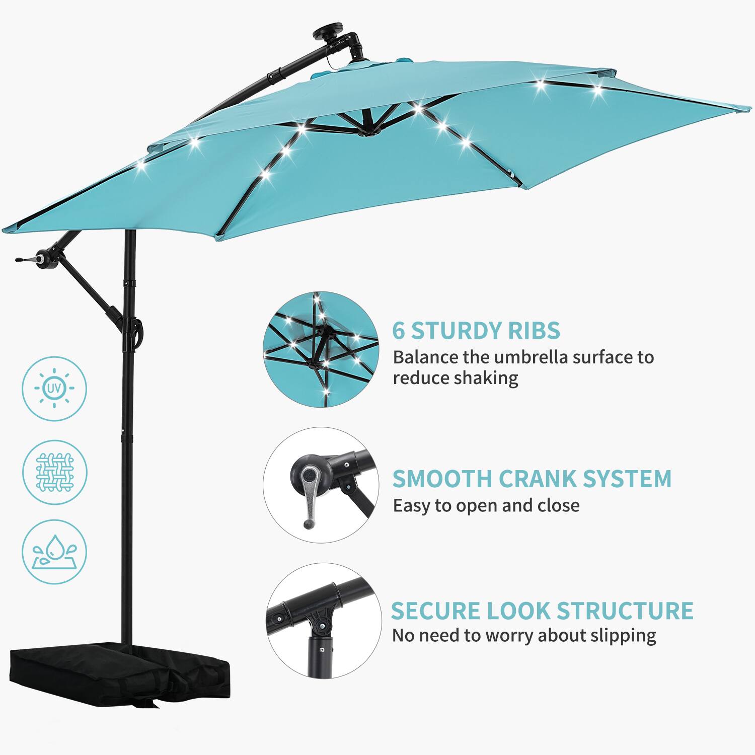 UV 6 STURDY RIBS  
Balance the umbrella surface to reduce shaking  

SMOOTH CRANK SYSTEM  
Easy to open and close  

SECURE LOOK STRUCTURE  
No need to worry about slipping