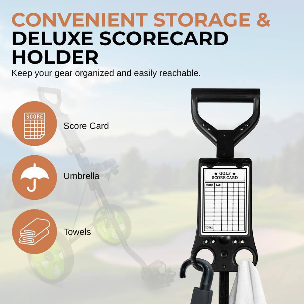 CONVENIENT STORAGE & DELUXE SCORECARD HOLDER  
Keep your gear organized and easily reachable.

- Score Card
- Umbrella
- Towels

GOLF SCORE CARD  
HOLE PAR  
TOTAL