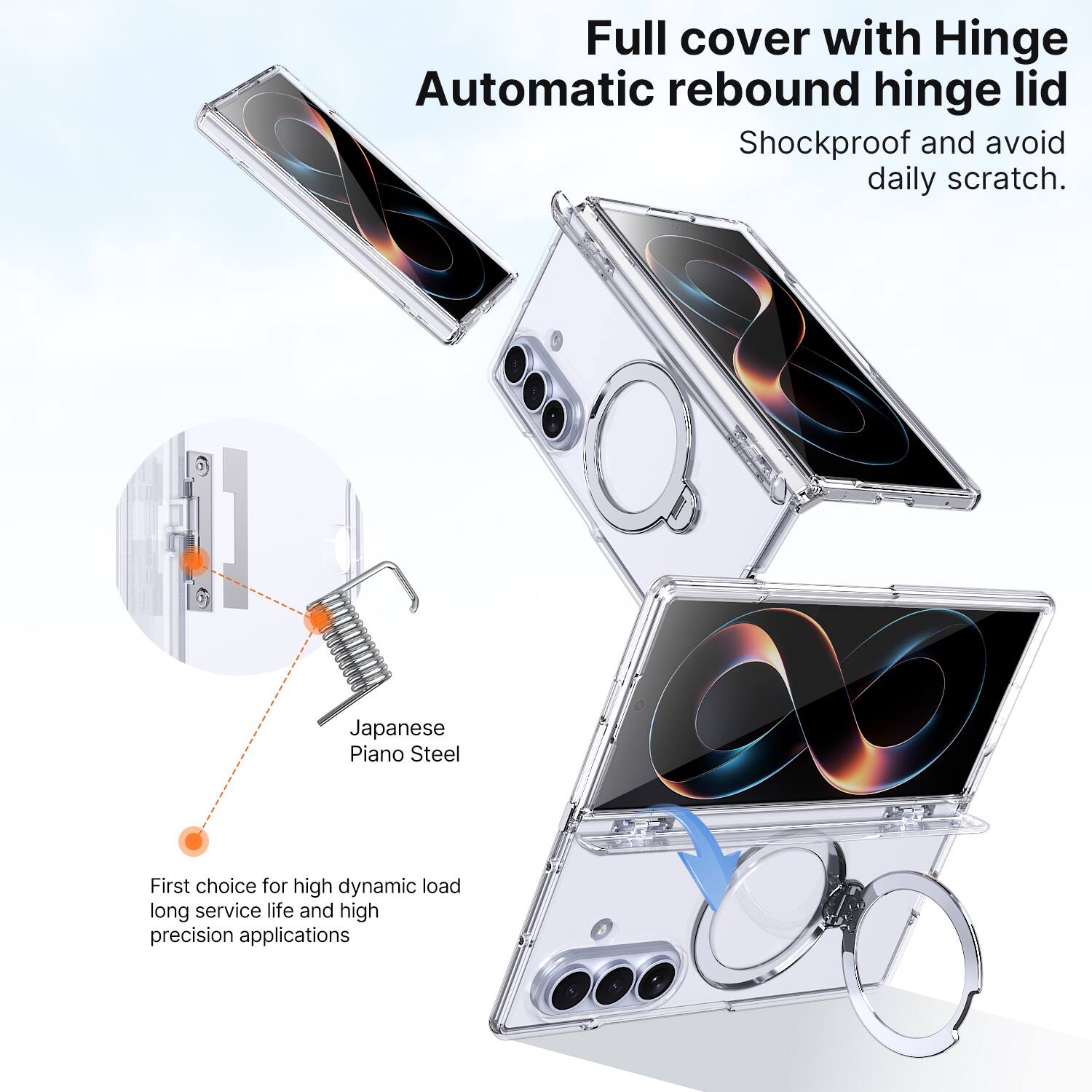 Full cover with Hinge Automatic rebound hinge lid  
Shockproof and avoid daily scratch.  

Japanese Piano Steel  
First choice for high dynamic load long service life and high precision applications
