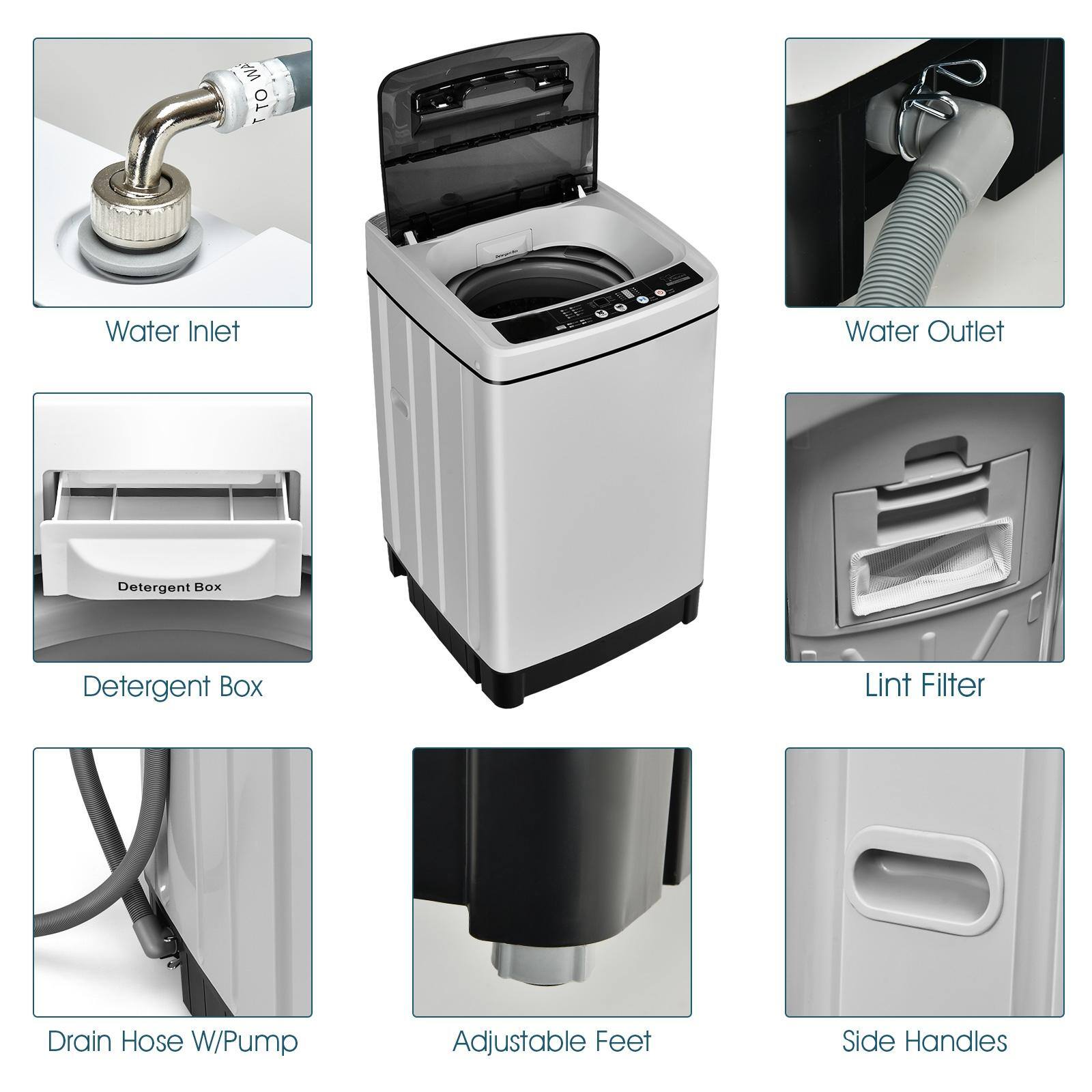 Water Inlet, Water Outlet, Detergent Box, Lint Filter, Drain Hose W/Pump, Adjustable Feet, Side Handles