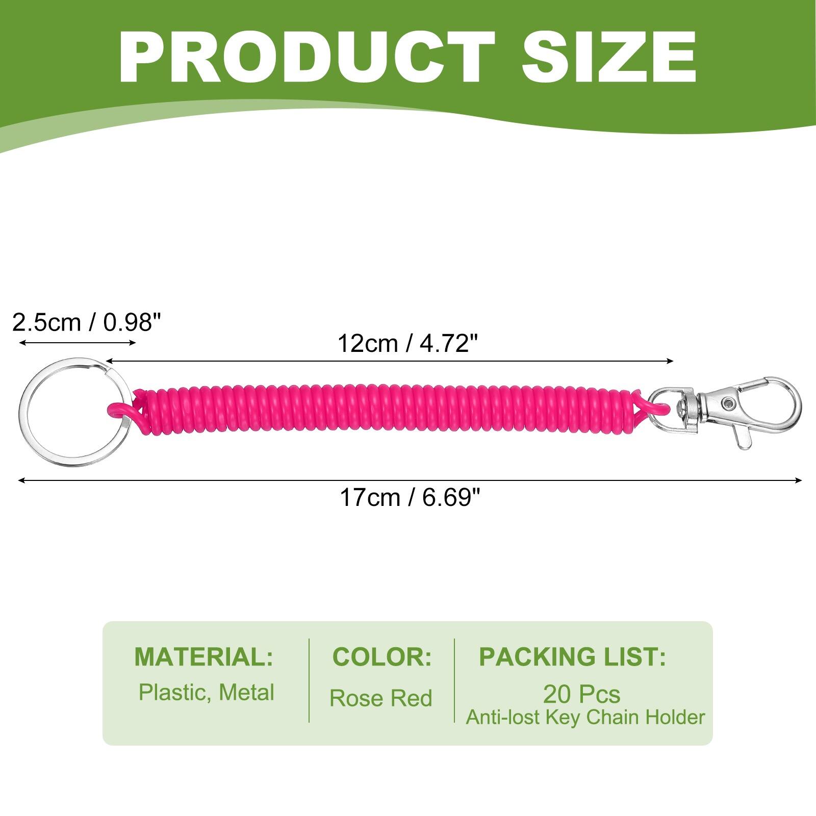 PRODUCT SIZE  
2.5cm / 0.98"  
12cm / 4.72"  
17cm / 6.69"  

MATERIAL:  
Plastic, Metal  

COLOR:  
Rose Red  

PACKING LIST:  
20 Pcs Anti-lost Key Chain Holder