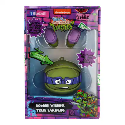 se Bluetooth nickelodeon e DONNIE D7 TALES THE LISTEN TEENAGE MUTANT NiNoa OR GAME Co DONNIE! ON WITH THE TURTES Tu FLIP TO DONME SEE 3 FACES! BUILT-IN BUIL MIC FOR EASY GAMING! 11 1 O C J DONNIE WIRELESS TRUE EARBUDS ER L M