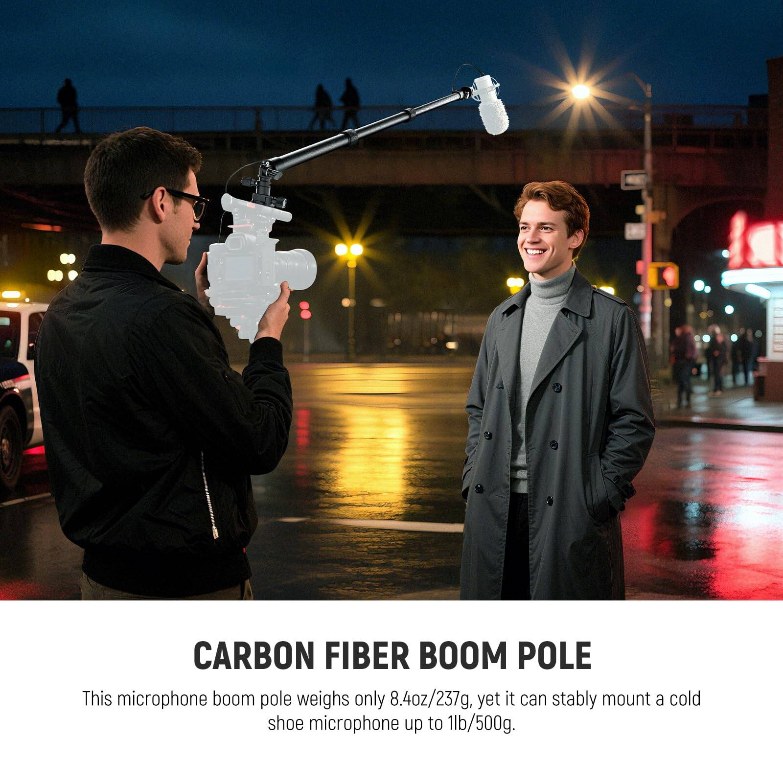 CARBON FIBER BOOM POLE

This microphone boom pole weighs only 8.4oz/237g, yet it can stably mount a cold shoe microphone up to 1lb/500g.
