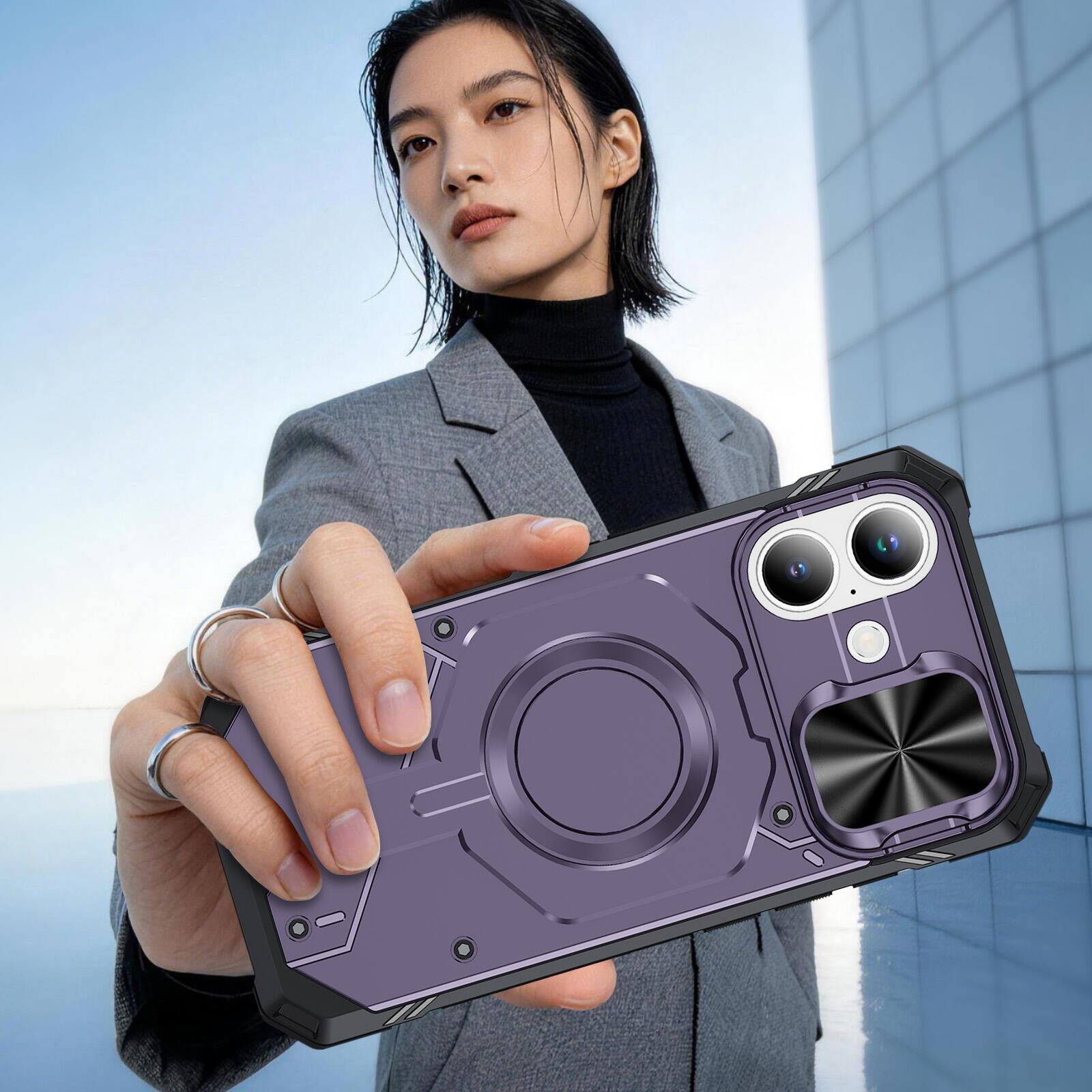 Left. Dteck - Rugged Shockproof Magnetic Hybrid Protective Case for Apple iPhone 17 with Slide Camera Cover, Side Anti-Slip Texture - Lightpurple.