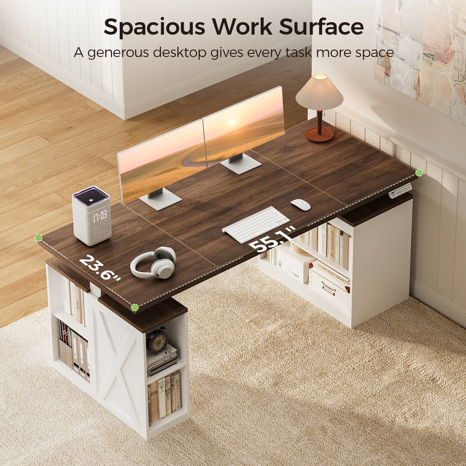 Spacious Work Surface  
A generous desktop gives every task more space  
17:03  
23.6"  
55.1"