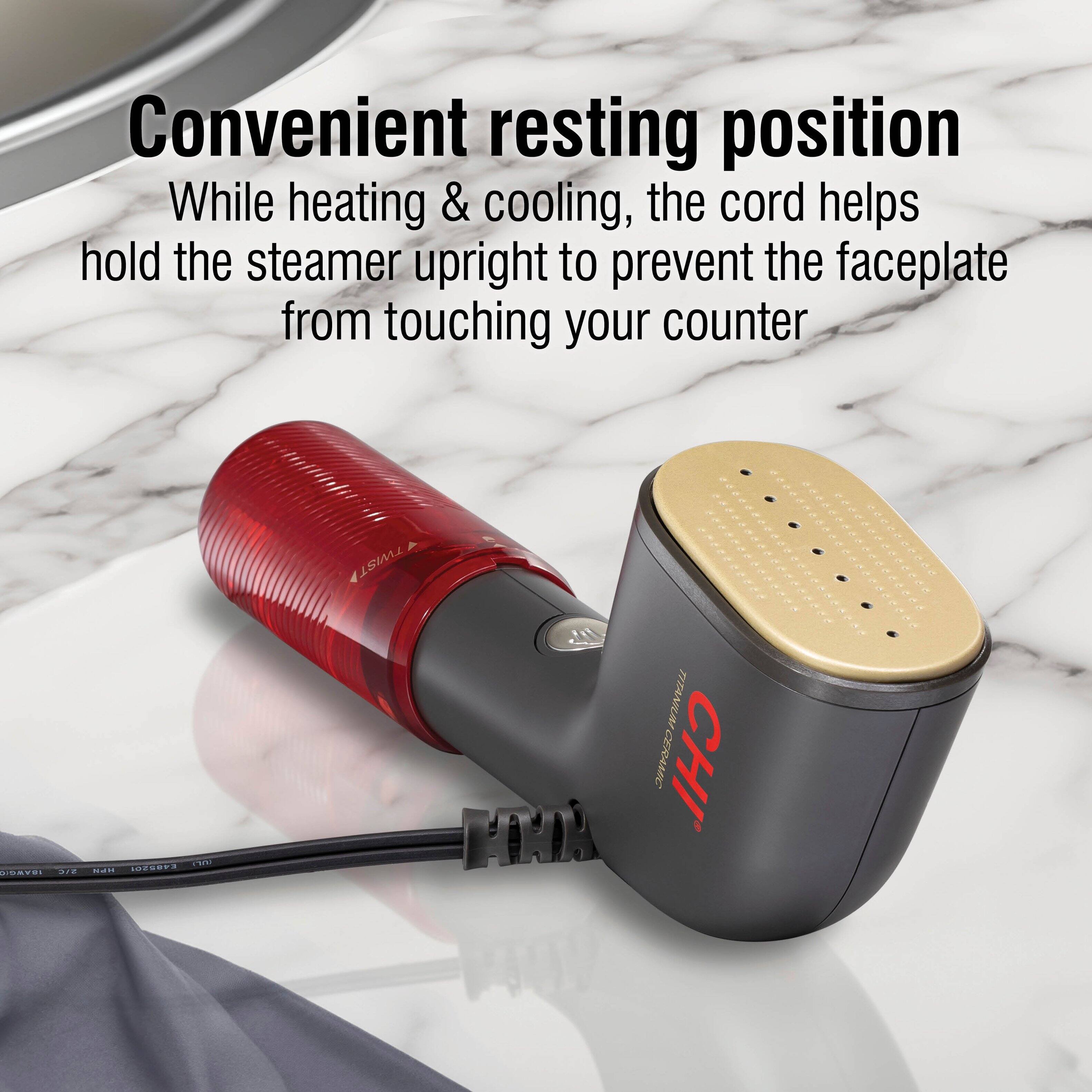 Convenient resting position  
While heating & cooling, the cord helps hold the steamer upright to prevent the faceplate from touching your counter  

IBAWGIO 2/C  
MUR E485201  
TWIST TITANIUM CERAMIC CHI