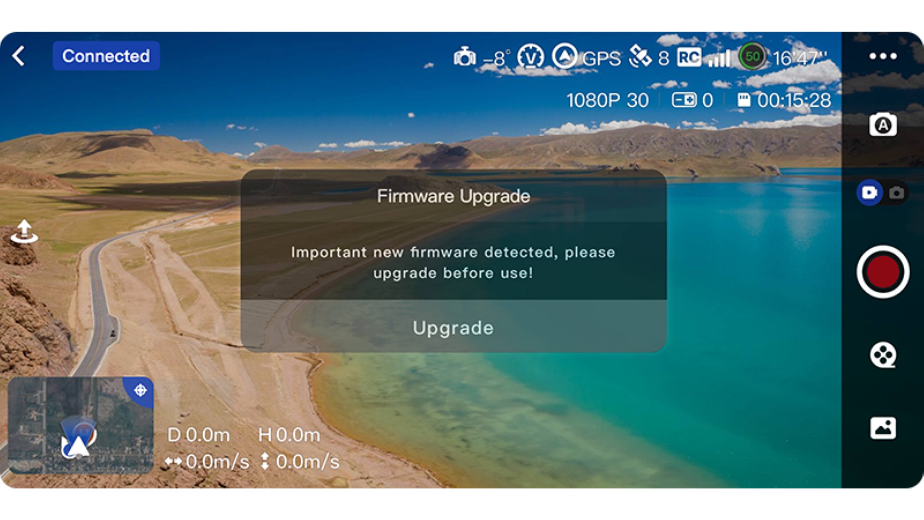 Connected

Firmware Upgrade

Important new firmware detected, please upgrade before use!

Upgrade

D 0.0m H 0.0m
+0.0m/s : 0.0m/s

-8 V GPS 8 RC 50 16:47" ... 1080P 30 0 ... 00:15:28 A