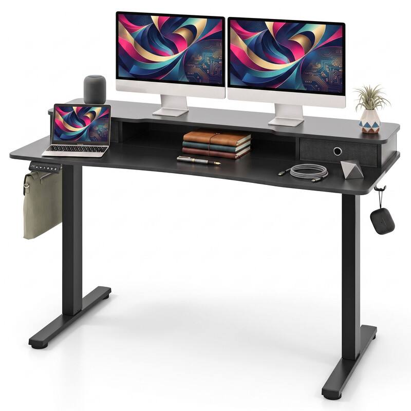 Angle. WELLFOR - 55" Height Adjustable Electric Standing Desk with 2 Drawers & Hanging Hooks, Ergonomic Stand up Desk for Home Office - Black.