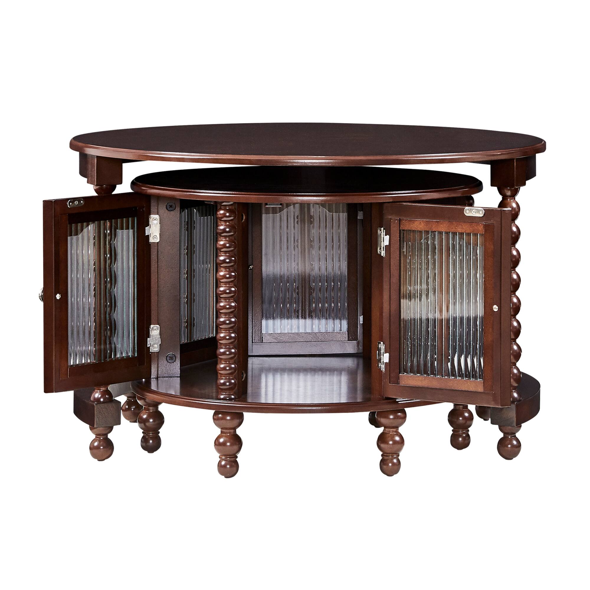 Alt View 8. GOODSILO - Vintage Round Nesting Coffee Table with Bamboo-Shaped Glass Doors and Retro Beaded Legs - Walnut.
