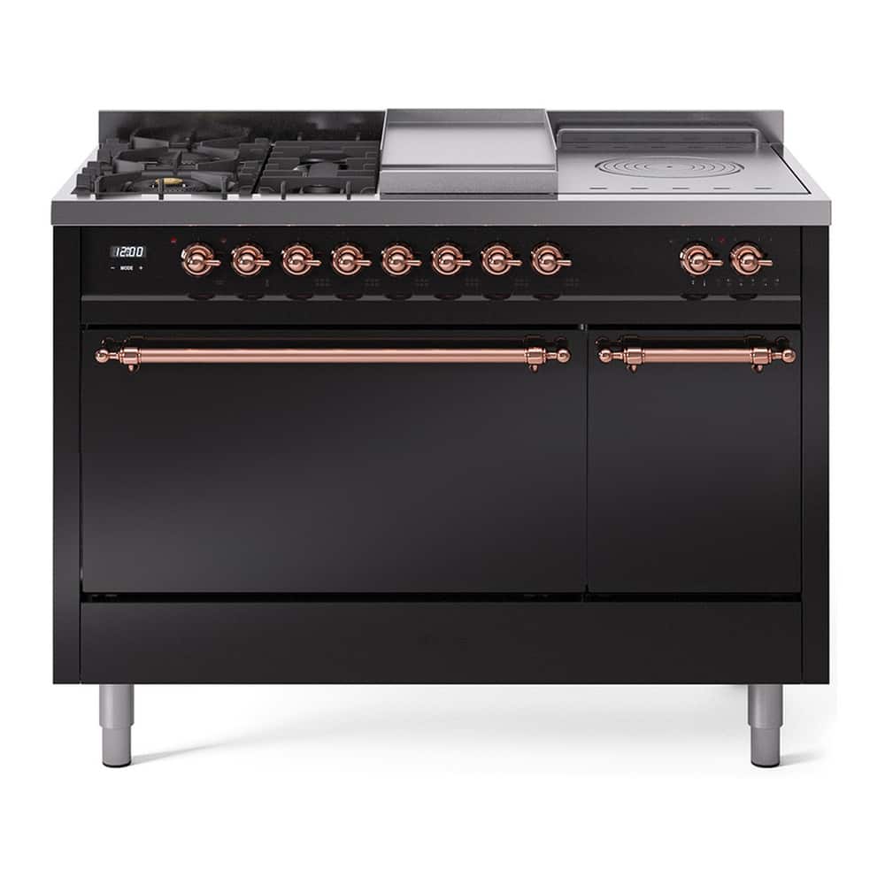 ILVE - Nostalgie II 48 inch Dual Fuel Range with 5 Burners + Griddle (Natural Gas, Glossy Black, Copper Trim) - Glossy Black