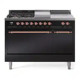 ILVE - Nostalgie II 48 inch Dual Fuel Range with 5 Burners + Griddle (Natural Gas, Glossy Black, Copper Trim) - Glossy Black