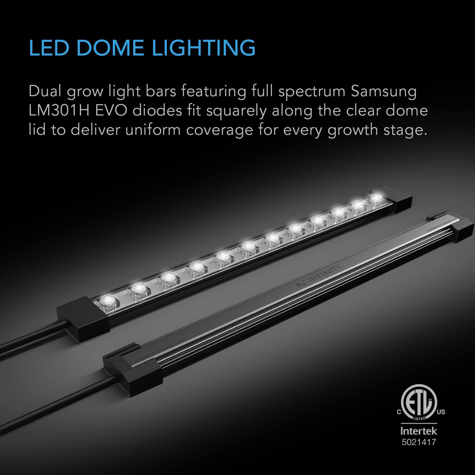 LED DOME LIGHTING

Dual grow light bars featuring full spectrum Samsung LM301H EVO diodes fit squarely along the clear dome lid to deliver uniform coverage for every growth stage.

ACINFINITY

0g C ETU US LISTED Intertek 5021417