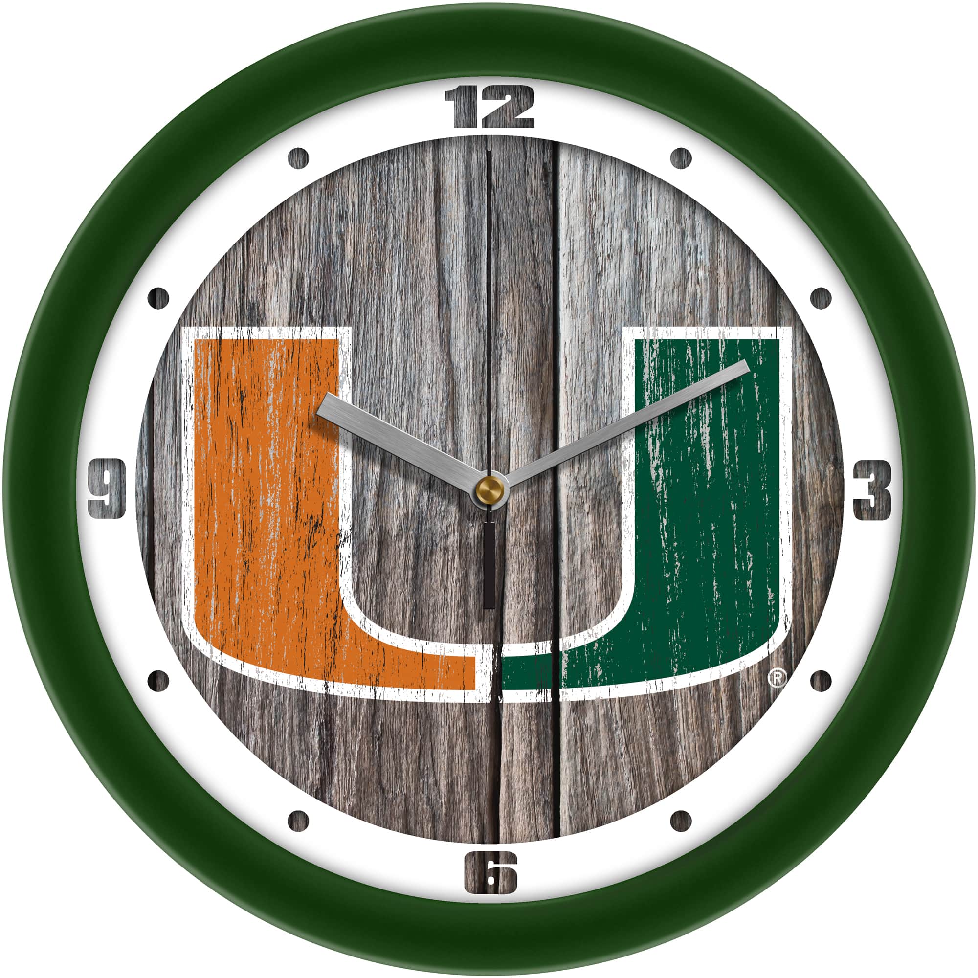 MpDirect - Miami Hurricanes 11.5'' Suntime Premium Glass Face Weathered Wood Wall Clock - Multicolor