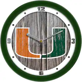 MpDirect - Miami Hurricanes 11.5'' Suntime Premium Glass Face Weathered Wood Wall Clock - Multicolor