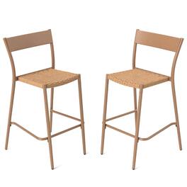 Gymax - 2PCS Patio Barstools Outdoor Bar Height Chairs w/ Rattan Seat & Metal Backrest - Light Brown